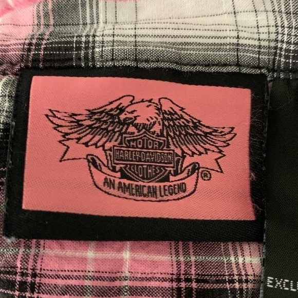 Harley Davidson Button-Down Plaid Shirt Button/Cuffed Sleeves Pink/Black/White - Picture 11 of 14